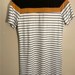 Anna-Kaci Striped Short Sleeve Dress with Black Yoke and Mustard Band